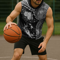 Hawaiian Manta Ray Tribal Sleeveless Hoodie Polynesian Art Motifs Black Color