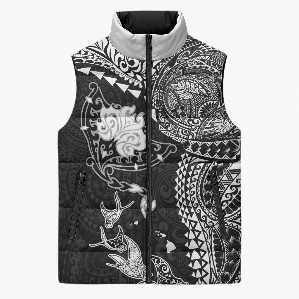 Hawaiian Manta Ray Tribal Sleeveless Puffer Jacket Polynesian Art Motifs Black Color LT03 Unisex Black - Polynesian Pride