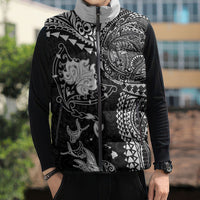 Hawaiian Manta Ray Tribal Sleeveless Puffer Jacket Polynesian Art Motifs Black Color