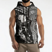 Hawaiian Manta Ray Tribal Sleeveless Zip Hoodie Polynesian Art Motifs Black Color