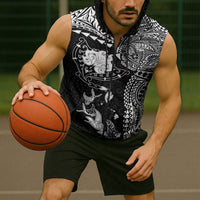 Hawaiian Manta Ray Tribal Sleeveless Zip Hoodie Polynesian Art Motifs Black Color