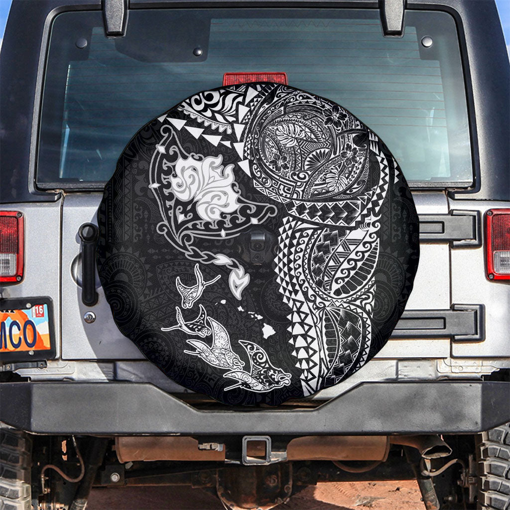 Hawaiian Manta Ray Tribal Spare Tire Cover Polynesian Art Motifs Black Color
