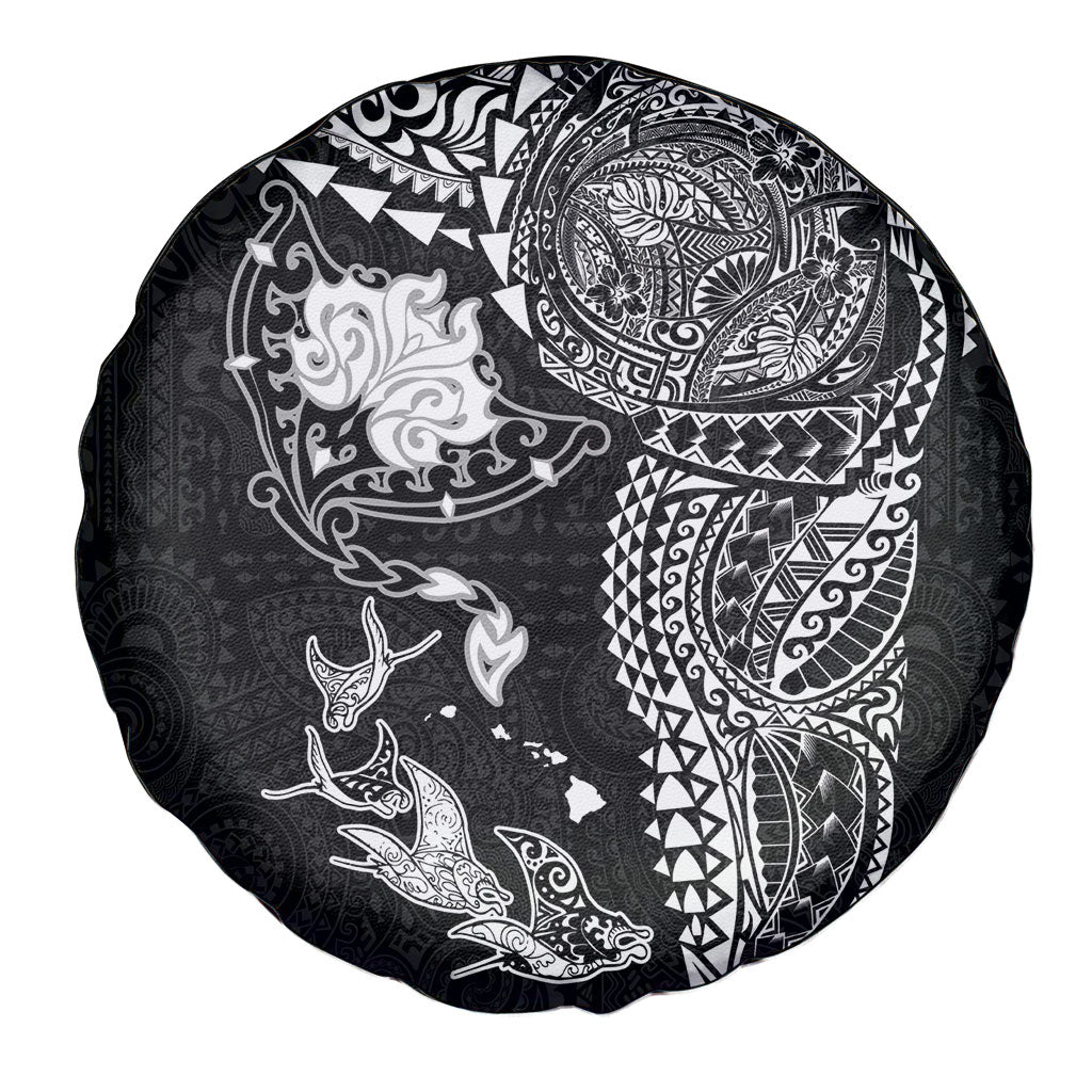 Hawaiian Manta Ray Tribal Spare Tire Cover Polynesian Art Motifs Black Color