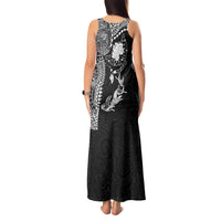 Hawaiian Manta Ray Tribal Tank Maxi Dress Polynesian Art Motifs Black Color