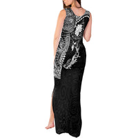 Hawaiian Manta Ray Tribal Tank Maxi Dress Polynesian Art Motifs Black Color