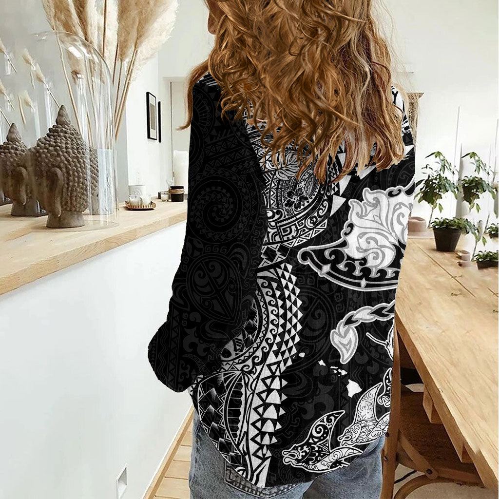 Hawaiian Manta Ray Tribal Women Casual Shirt Polynesian Art Motifs Black Color