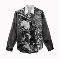 Hawaiian Manta Ray Tribal Women Casual Shirt Polynesian Art Motifs Black Color
