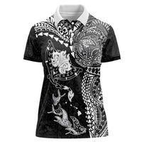 Hawaiian Manta Ray Tribal Women Polo Shirt Polynesian Art Motifs Black Color