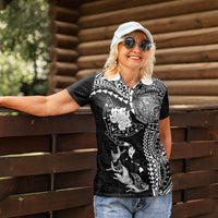 Hawaiian Manta Ray Tribal Women Polo Shirt Polynesian Art Motifs Black Color
