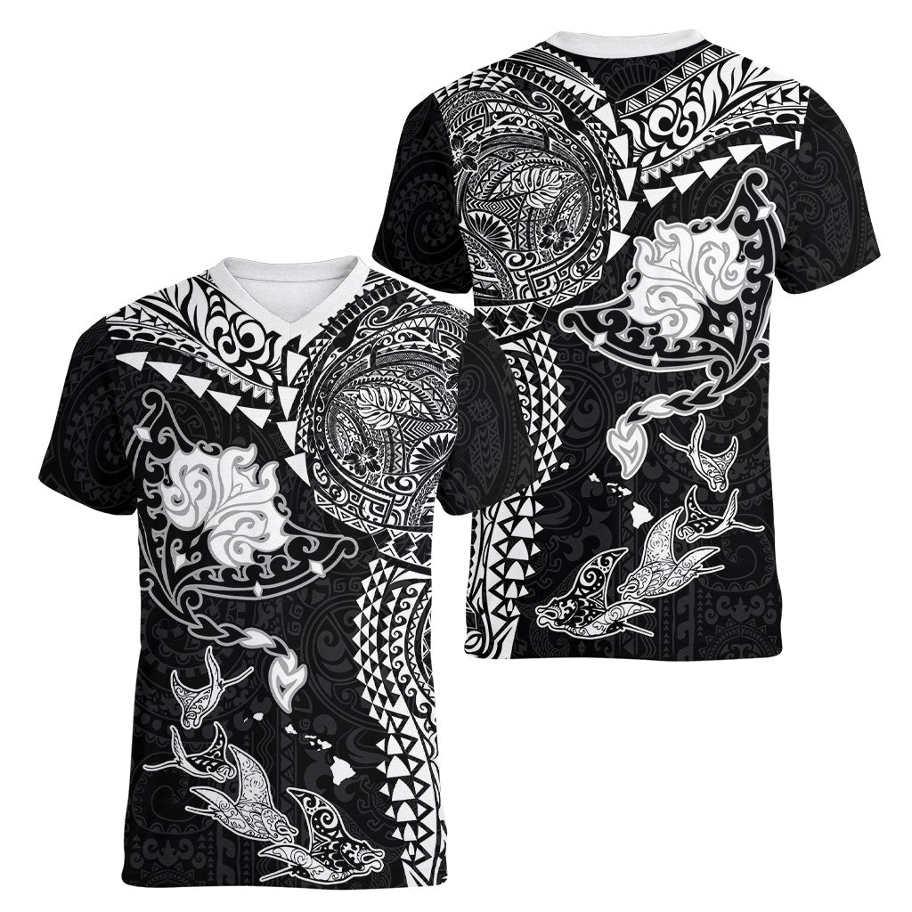 Hawaiian Manta Ray Tribal Women V-Neck T-Shirt Polynesian Art Motifs Black Color