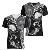 Hawaiian Manta Ray Tribal Women V-Neck T-Shirt Polynesian Art Motifs Black Color