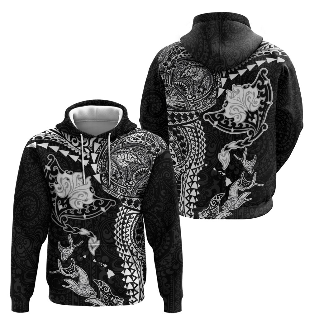 Hawaiian Manta Ray Tribal Zip Hoodie Polynesian Art Motifs Black Color
