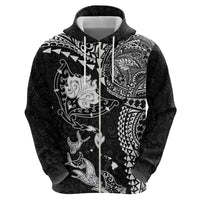 Hawaiian Manta Ray Tribal Zip Hoodie Polynesian Art Motifs Black Color