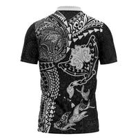Hawaiian Manta Ray Tribal Zipper Polo Shirt Polynesian Art Motifs Black Color