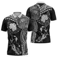 Hawaiian Manta Ray Tribal Zipper Polo Shirt Polynesian Art Motifs Black Color