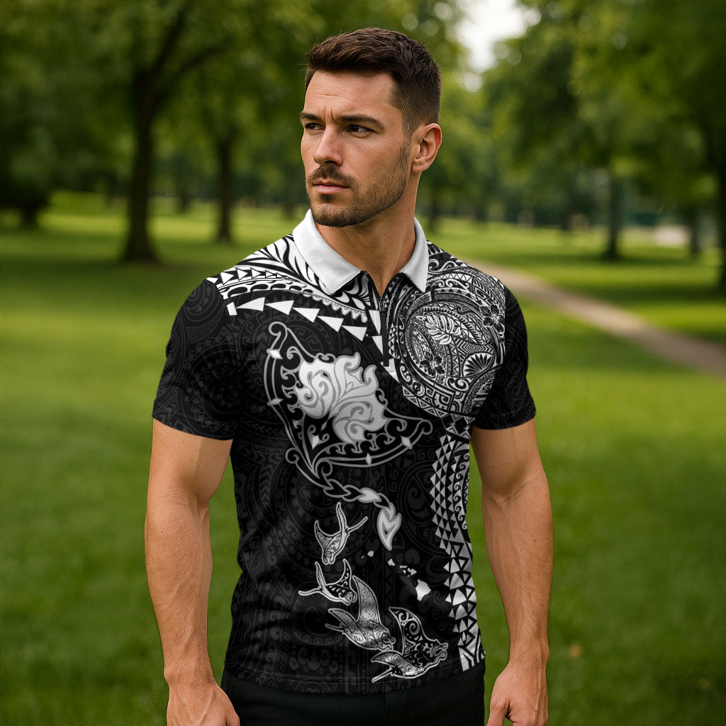 Hawaiian Manta Ray Tribal Zipper Polo Shirt Polynesian Art Motifs Black Color