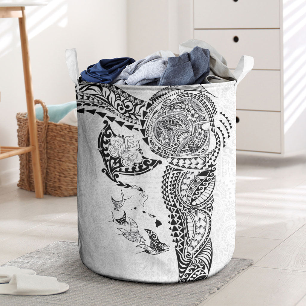 Hawaiian Manta Ray Tribal Laundry Basket Polynesian Art Motifs White Color