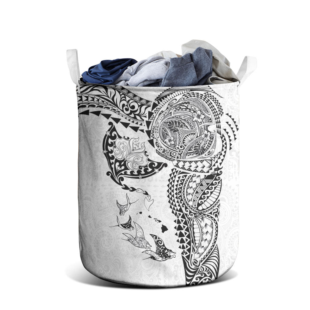 Hawaiian Manta Ray Tribal Laundry Basket Polynesian Art Motifs White Color