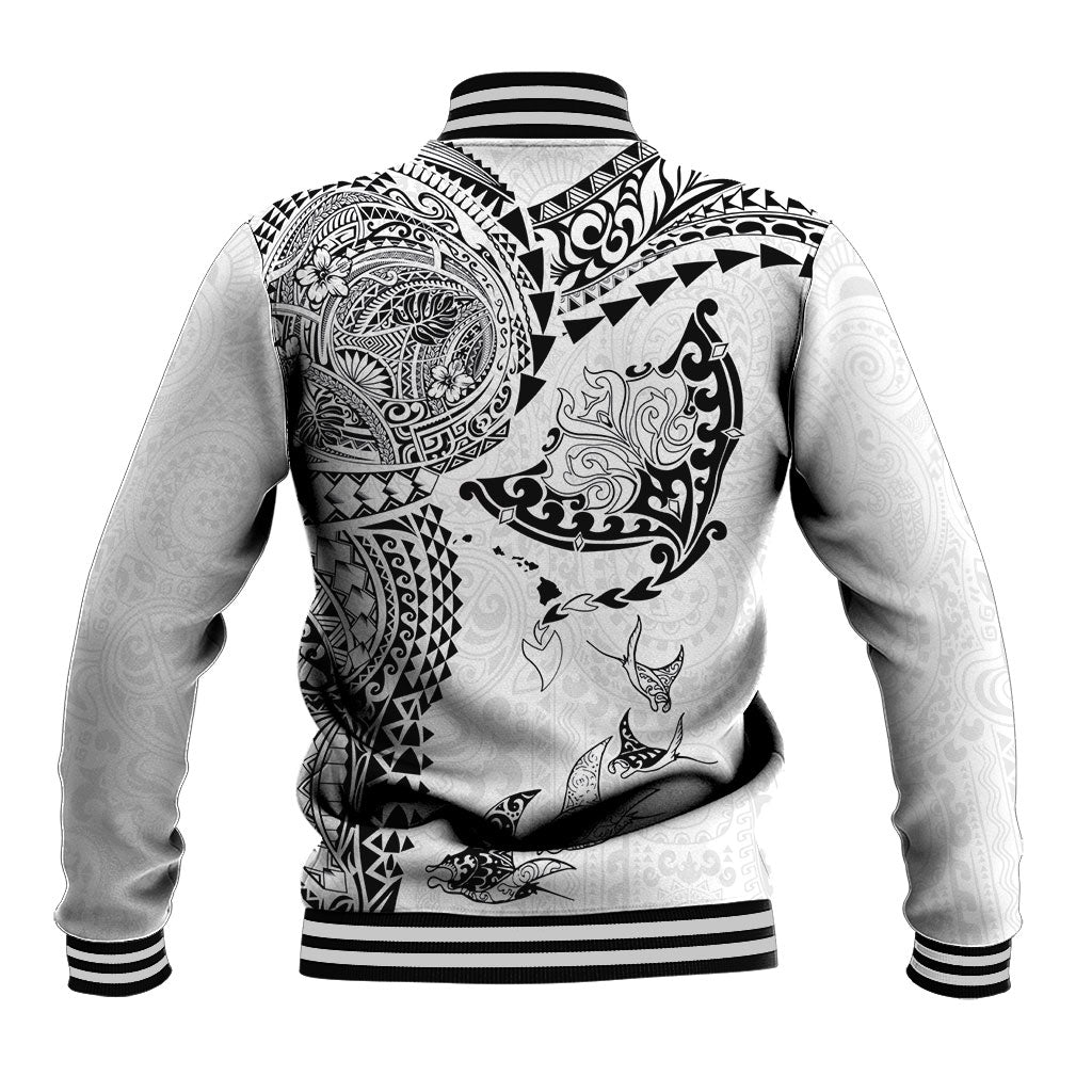 Hawaiian Manta Ray Tribal Baseball Jacket Polynesian Art Motifs White Color