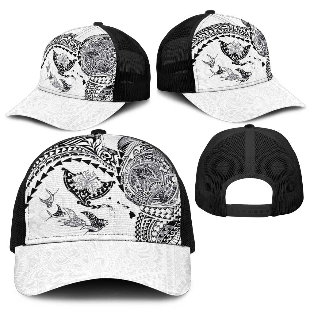 Hawaiian Manta Ray Tribal Baseball Net Cap Polynesian Art Motifs White Color