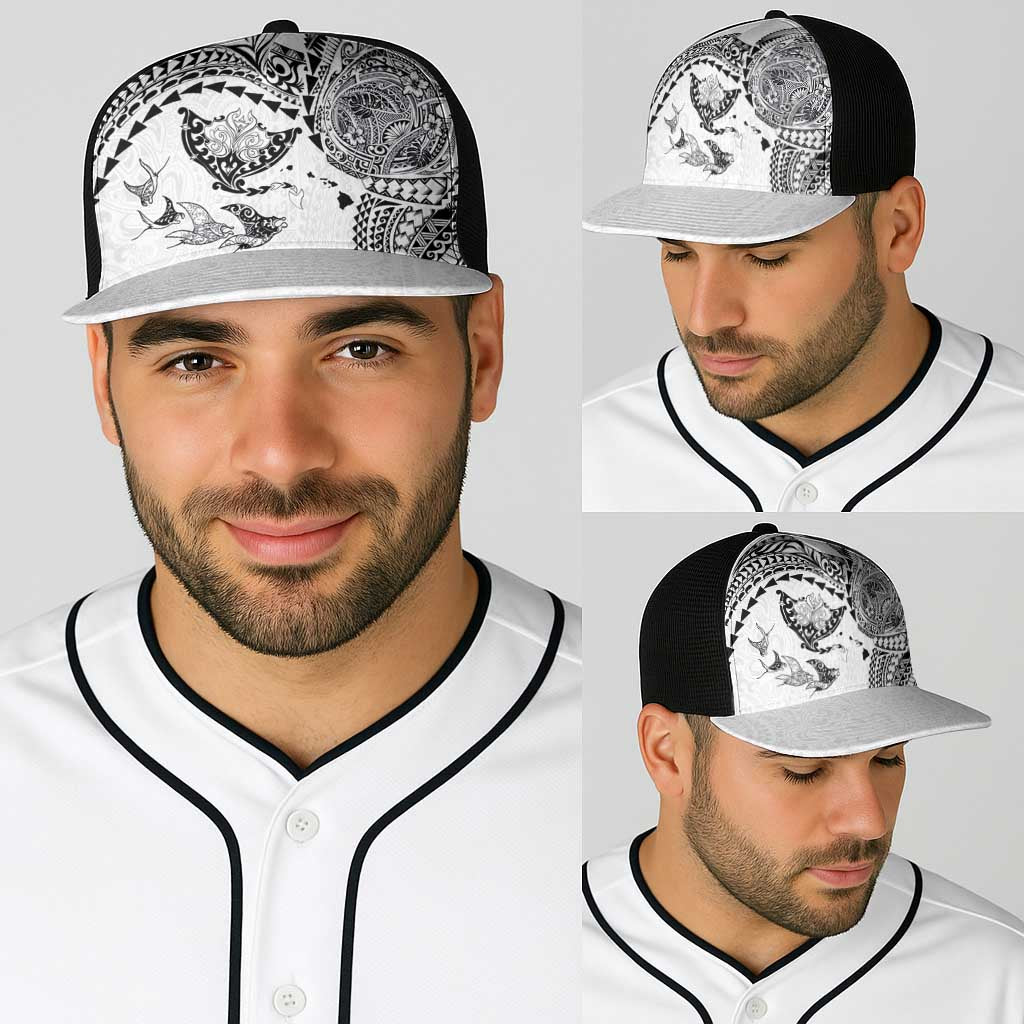 Hawaiian Manta Ray Tribal Baseball Net Cap Polynesian Art Motifs White Color
