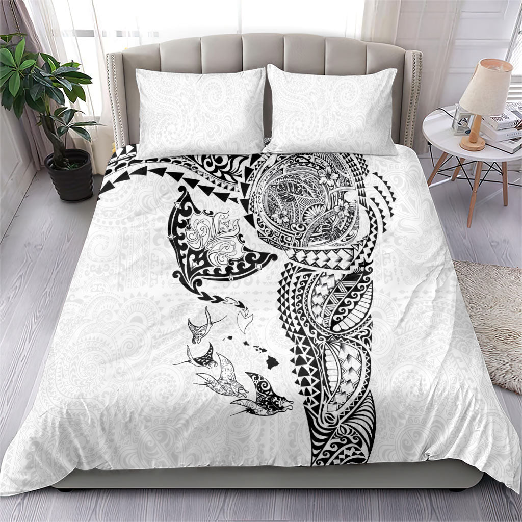 Hawaiian Manta Ray Tribal Bedding Set Polynesian Art Motifs White Color