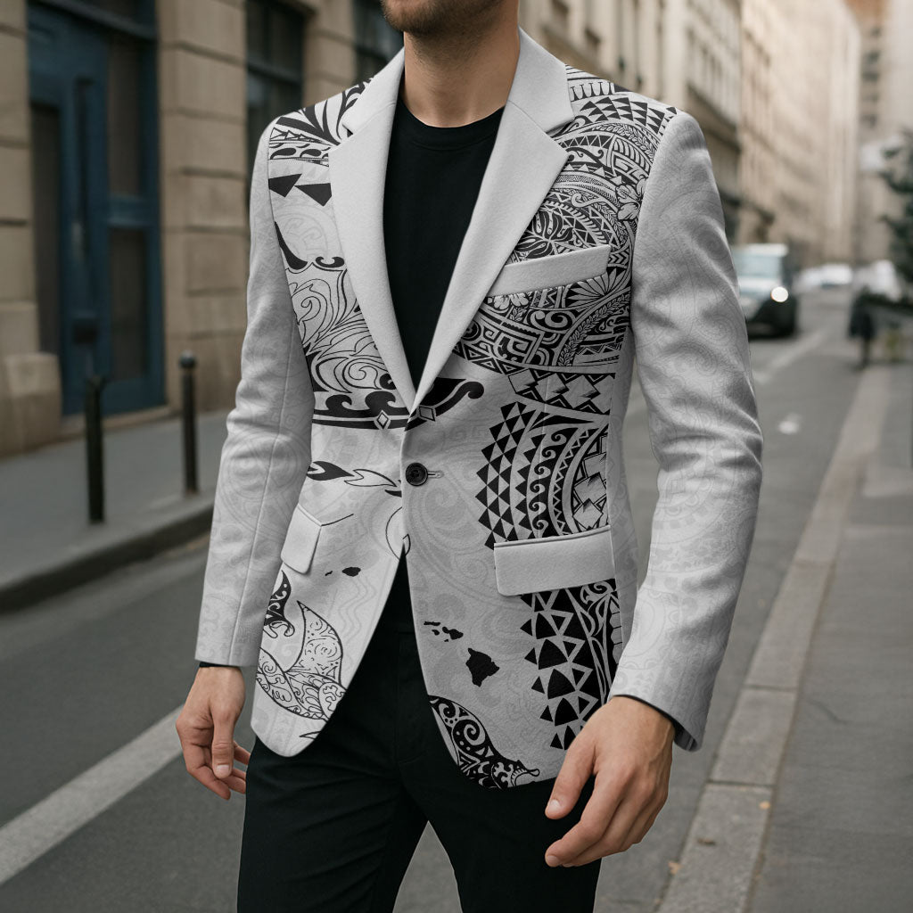 Hawaiian Manta Ray Tribal Blazer Polynesian Art Motifs White Color