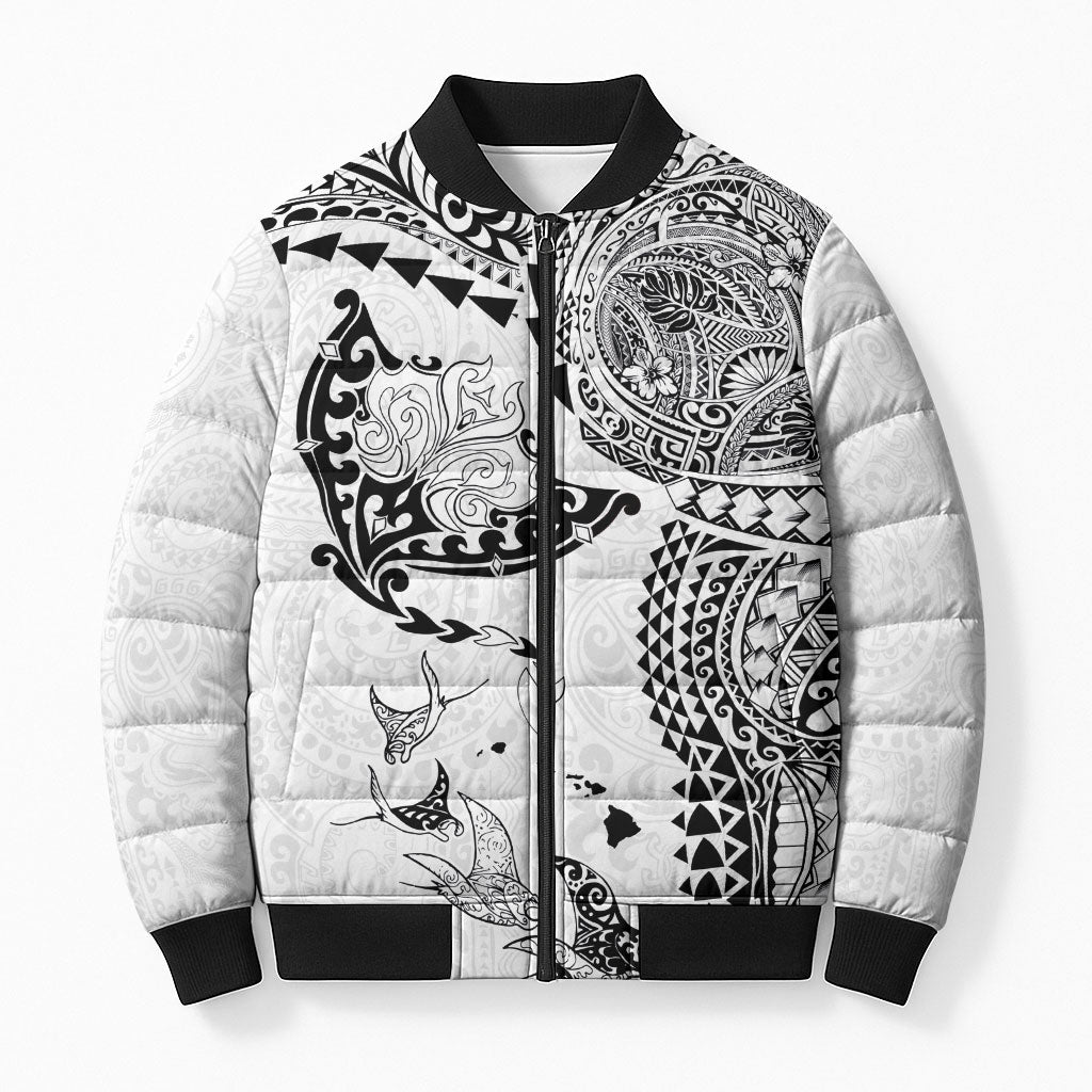 Hawaiian Manta Ray Tribal Bomber Puffer Jacket Polynesian Art Motifs White Color LT03 Unisex White - Polynesian Pride