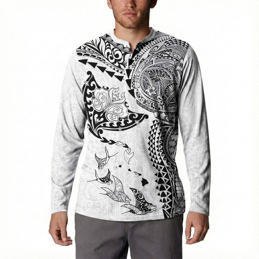 Hawaiian Manta Ray Tribal Button Sweatshirt Polynesian Art Motifs White Color