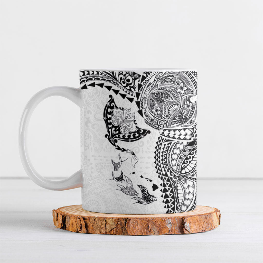 Hawaiian Manta Ray Tribal Ceramic Mug Polynesian Art Motifs White Color