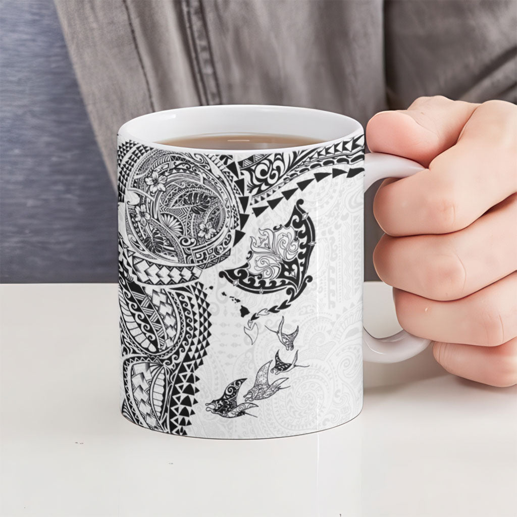 Hawaiian Manta Ray Tribal Ceramic Mug Polynesian Art Motifs White Color