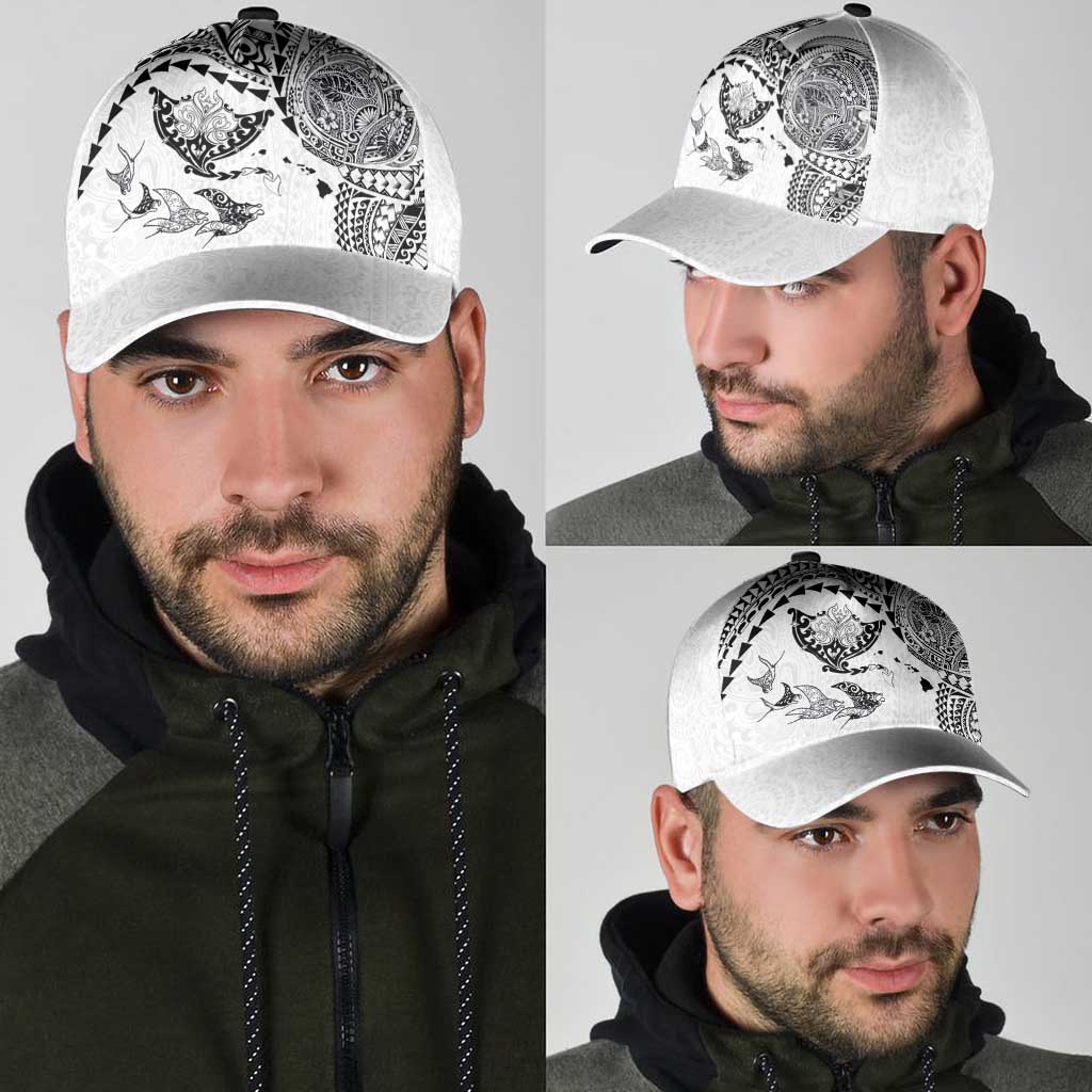 Hawaiian Manta Ray Tribal Classic Cap Polynesian Art Motifs White Color