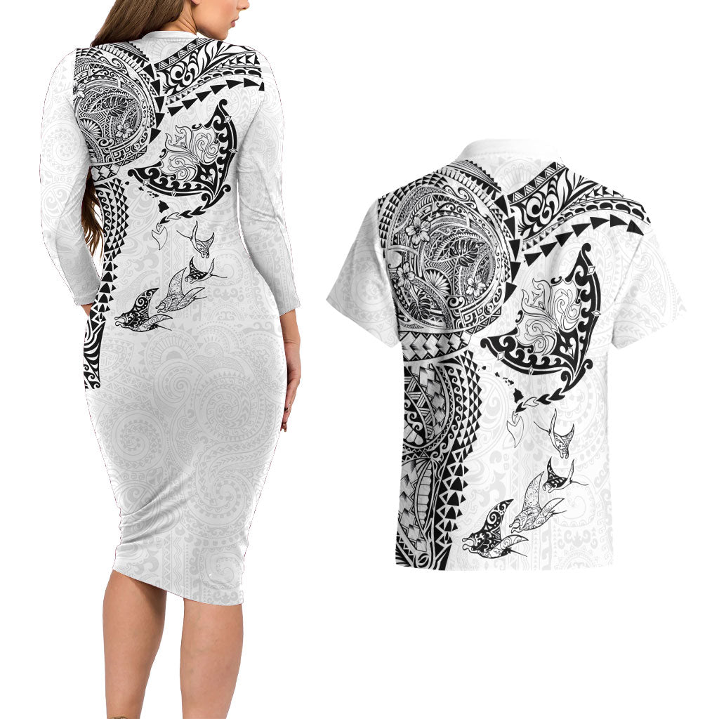 Hawaiian Manta Ray Tribal Couples Matching Long Sleeve Bodycon Dress and Hawaiian Shirt Polynesian Art Motifs White Color
