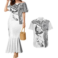 Hawaiian Manta Ray Tribal Couples Matching Mermaid Dress and Hawaiian Shirt Polynesian Art Motifs White Color
