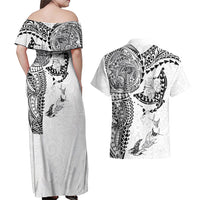 Hawaiian Manta Ray Tribal Couples Matching Off Shoulder Maxi Dress and Hawaiian Shirt Polynesian Art Motifs White Color