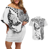 Hawaiian Manta Ray Tribal Couples Matching Off Shoulder Short Dress and Hawaiian Shirt Polynesian Art Motifs White Color