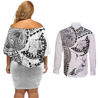 Hawaiian Manta Ray Tribal Couples Matching Off Shoulder Short Dress and Long Sleeve Button Shirt Polynesian Art Motifs White Color