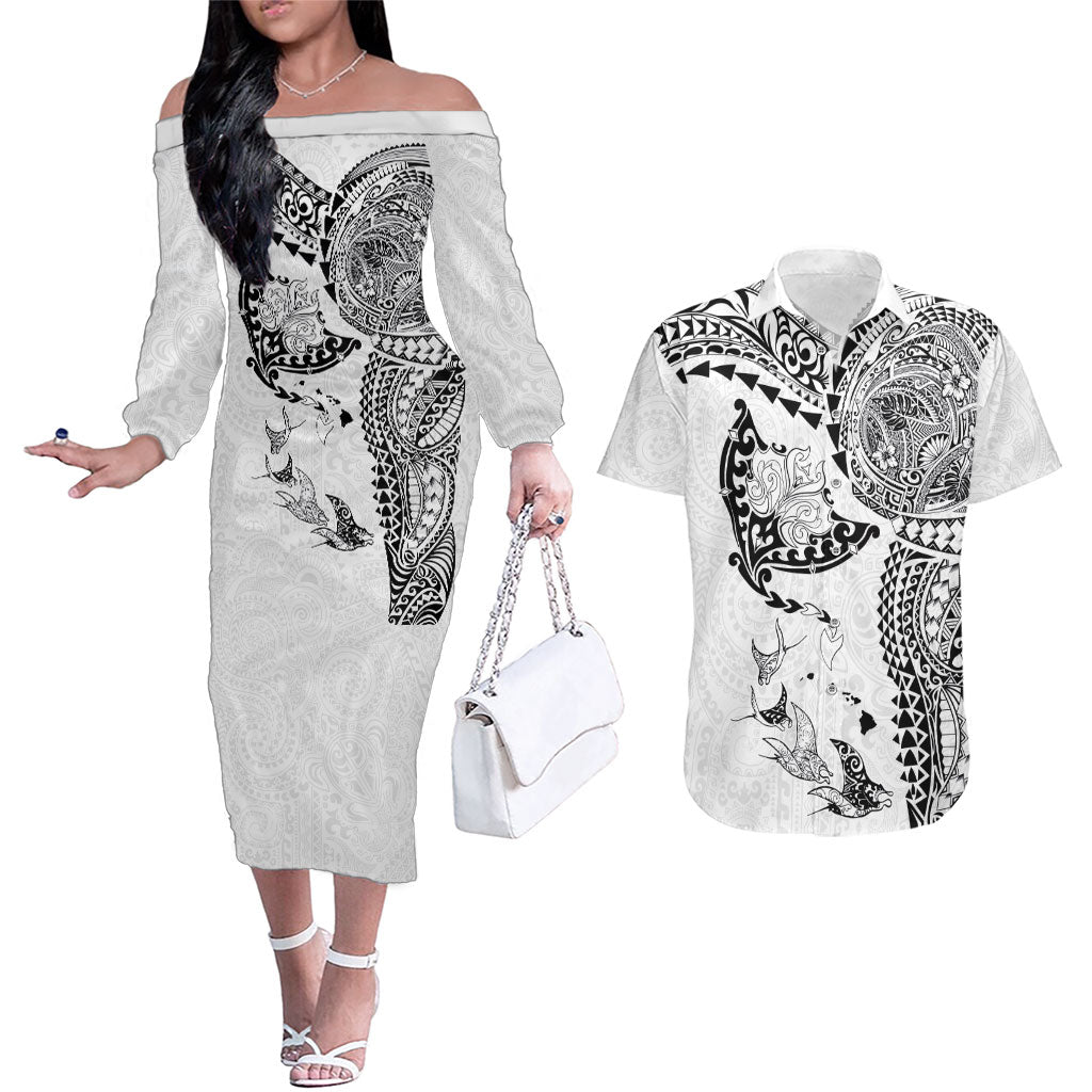 Hawaiian Manta Ray Tribal Couples Matching Off The Shoulder Long Sleeve Dress and Hawaiian Shirt Polynesian Art Motifs White Color