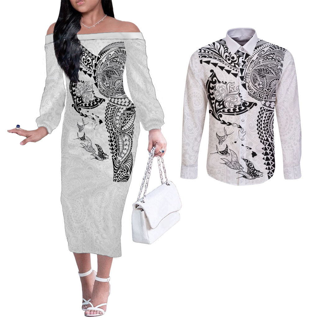 Hawaiian Manta Ray Tribal Couples Matching Off The Shoulder Long Sleeve Dress and Long Sleeve Button Shirt Polynesian Art Motifs White Color