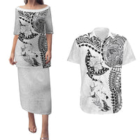 Hawaiian Manta Ray Tribal Couples Matching Puletasi and Hawaiian Shirt Polynesian Art Motifs White Color
