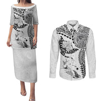 Hawaiian Manta Ray Tribal Couples Matching Puletasi and Long Sleeve Button Shirt Polynesian Art Motifs White Color