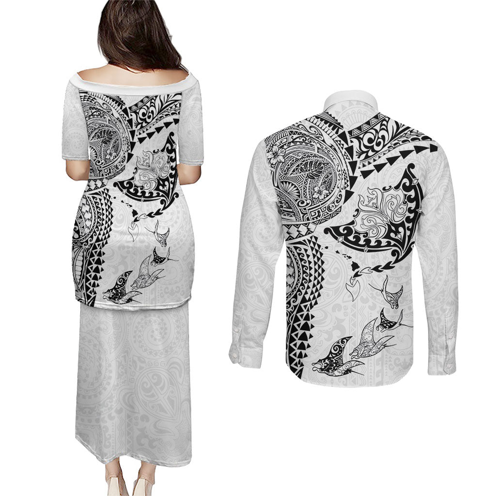 Hawaiian Manta Ray Tribal Couples Matching Puletasi and Long Sleeve Button Shirt Polynesian Art Motifs White Color
