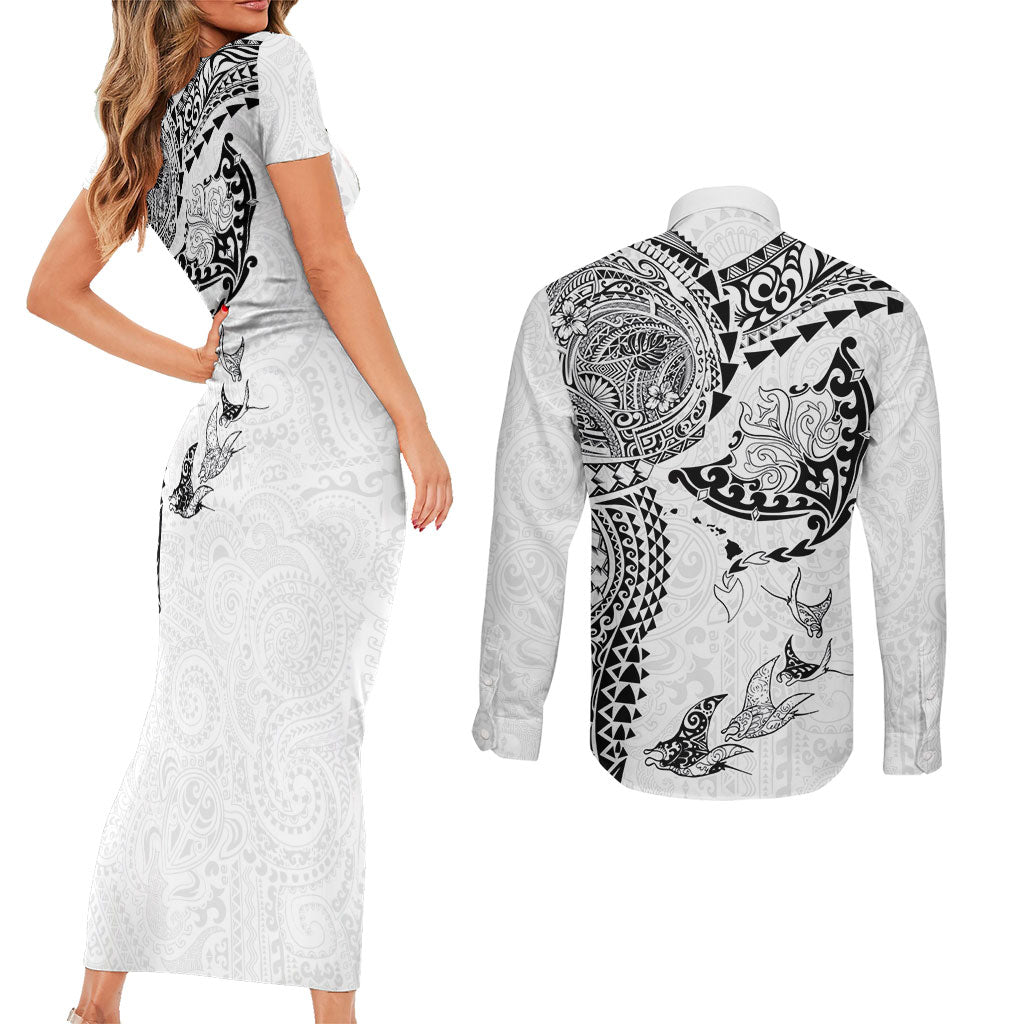Hawaiian Manta Ray Tribal Couples Matching Short Sleeve Bodycon Dress and Long Sleeve Button Shirt Polynesian Art Motifs White Color
