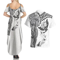 Hawaiian Manta Ray Tribal Couples Matching Summer Maxi Dress and Hawaiian Shirt Polynesian Art Motifs White Color