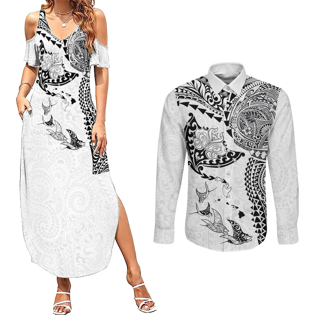 Hawaiian Manta Ray Tribal Couples Matching Summer Maxi Dress and Long Sleeve Button Shirt Polynesian Art Motifs White Color