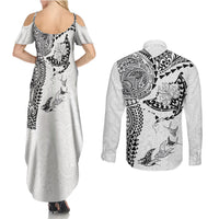 Hawaiian Manta Ray Tribal Couples Matching Summer Maxi Dress and Long Sleeve Button Shirt Polynesian Art Motifs White Color