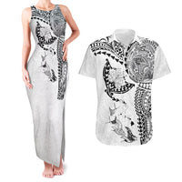 Hawaiian Manta Ray Tribal Couples Matching Tank Maxi Dress and Hawaiian Shirt Polynesian Art Motifs White Color