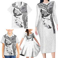 Hawaiian Manta Ray Tribal Family Matching Long Sleeve Bodycon Dress and Hawaiian Shirt Polynesian Art Motifs White Color