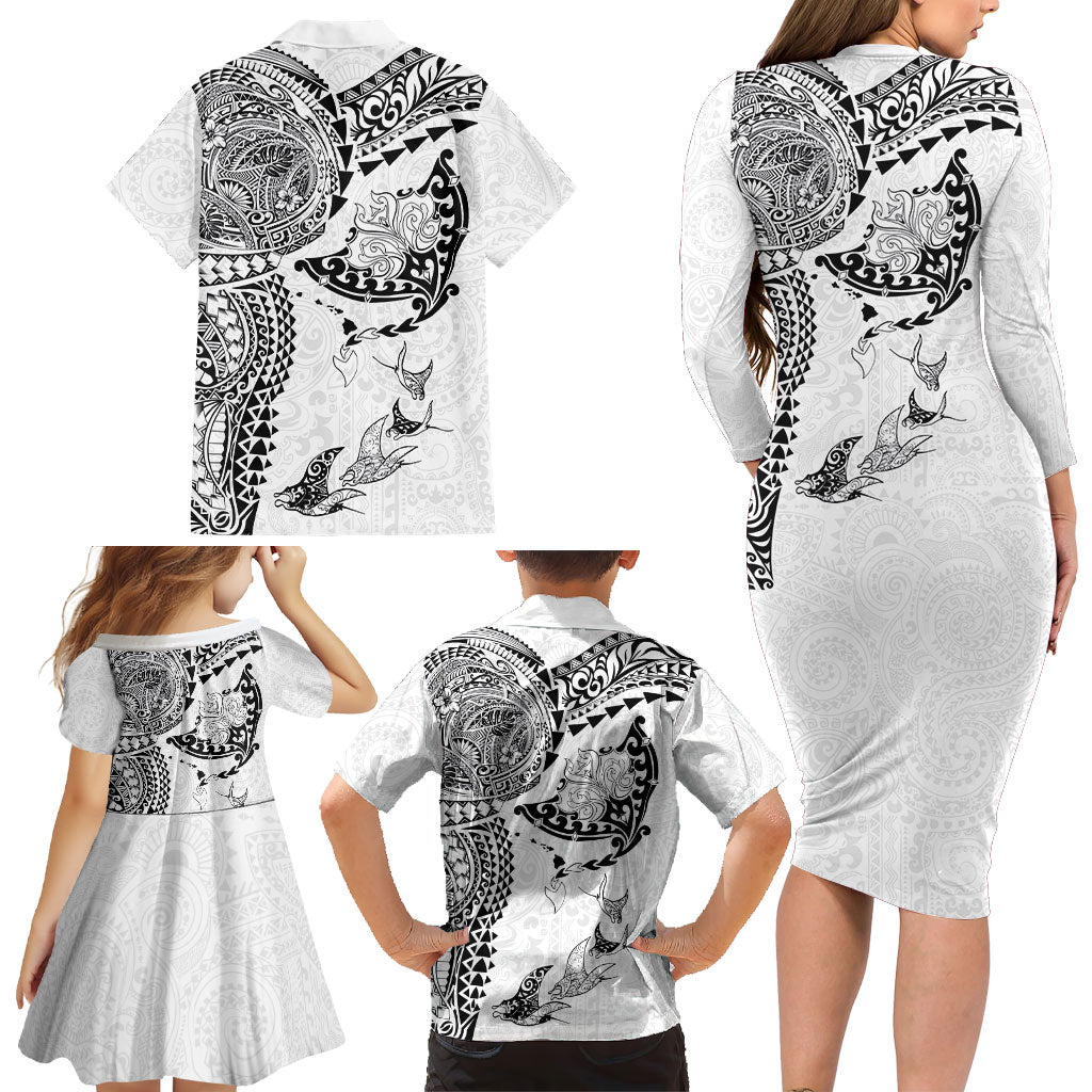 Hawaiian Manta Ray Tribal Family Matching Long Sleeve Bodycon Dress and Hawaiian Shirt Polynesian Art Motifs White Color