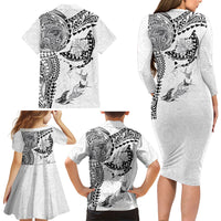 Hawaiian Manta Ray Tribal Family Matching Long Sleeve Bodycon Dress and Hawaiian Shirt Polynesian Art Motifs White Color
